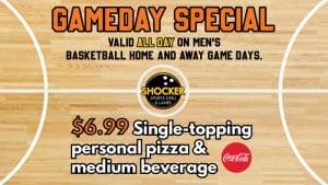A top-down view of a basketball court with the text: Gameday Special. Valid all day on men's basketball home and away game days. $6.99 single topping personal pizza and medium beverage