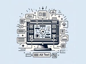 A cartoon of a computer screen with a variety of callouts to images and the words Alt Text