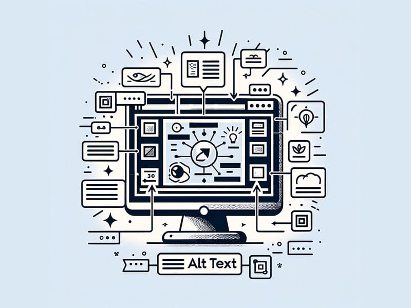 A cartoon of a computer screen with a variety of callouts to images and the words Alt Text