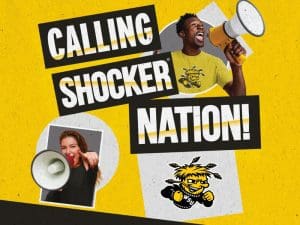 Students talking into megaphones with the text Calling Shocker Nation
