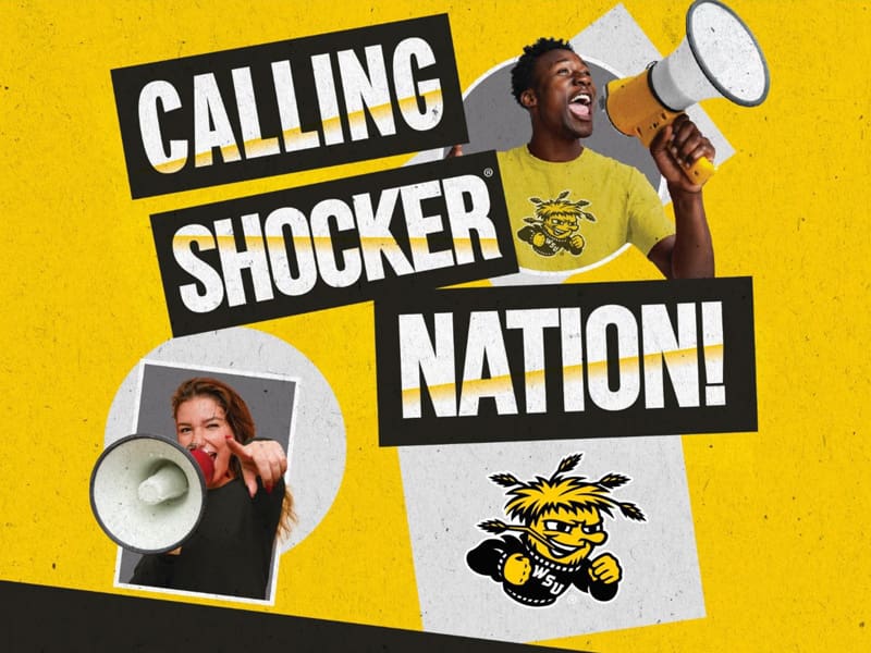 Students talking into megaphones with the text Calling Shocker Nation