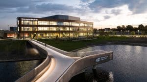 Woolsey Hall and the promise bridge at night.