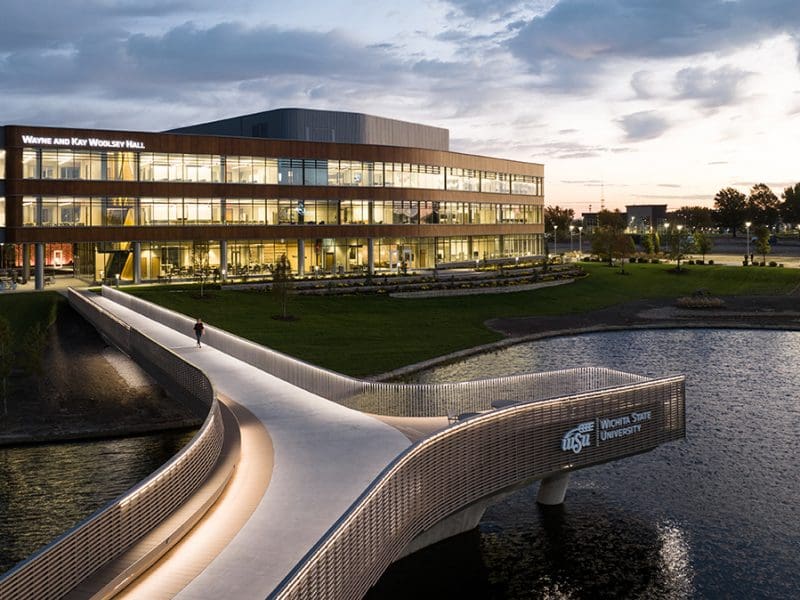Woolsey Hall and the promise bridge at night.