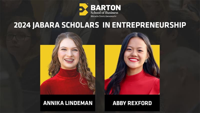 The recipients of the 2024 Professor Fran Jabara Scholarship in Entrepreneurship: Annika Lindeman from Eisenhower High School in Goddard, Kansas, and Abby Rexford from West Jessamine High School in Wilmore, Kentucky.