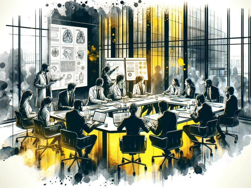 Cartoon of people in white coats and suits around a conference table in a glass room with presenters showing medical images.