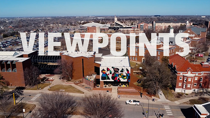 An aerial photo of the Ulrich museum with the word "Viewpoints" overlayed