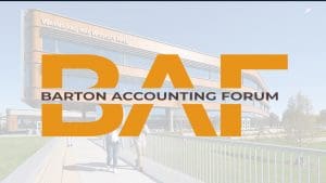 Barton Accounting Forum logo in front of photo of Woolsey Hall.
