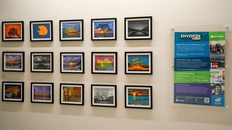 Woolsey Hall, the home of the W. Frank Barton School of Business at Wichita State University, has a new art installation in partnership with the Envision Arts Program. Gretchen Howarth is the forth visually impaired artist to be featured on the third floor of the Barton School.