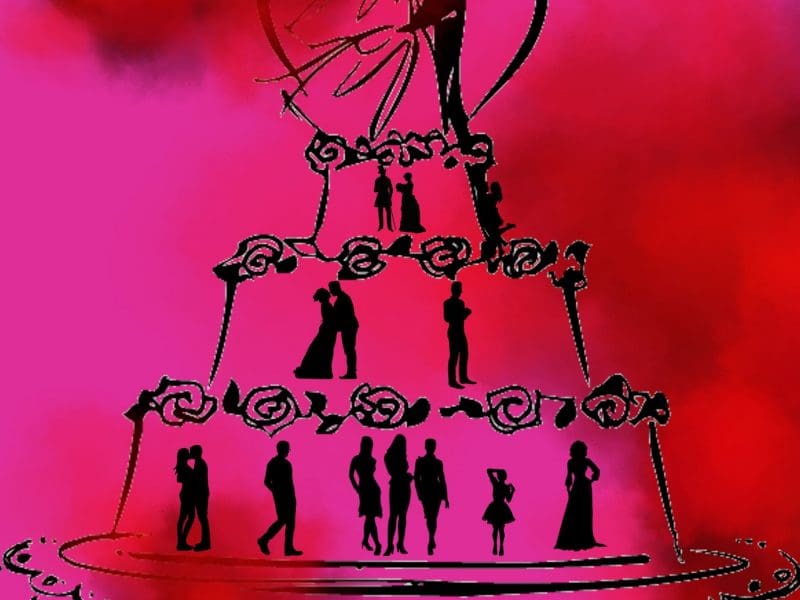 Large pink wedding cake with various brides and grooms on multiple levels.