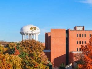 aerial view of campus water tower and buildings