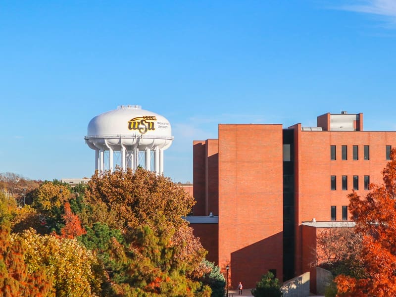 aerial view of campus water tower and buildings