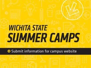 Yellow graphic with the text: Wichita State summer camps. Submit information for campus website.