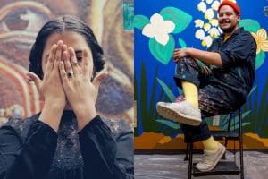 On the left,  a young woman covers her face playfully. On the right, a man with a mustache poses sitting and smiling on a stool in front of a colorful background.