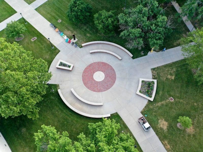 Birds eye view of the alumni walk on campus.