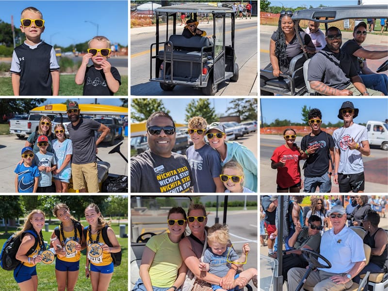 visitors and volunteers pose for photos at state athletics events on campus.