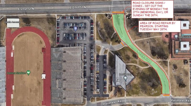 The map of the section of campus near Cessna Stadium and Devlin Hall, showing Yale Avenue highlighted in green with yellow lines depicting blocked entrances on all sides