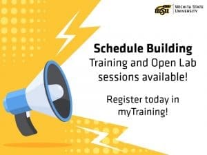 Megaphone against a yellow and white background announcing the following text: “Schedule Building Training and Open Lab sessions available! Register today in myTraining!”