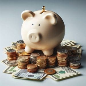 Piggy bank sitting on top of a pile of money