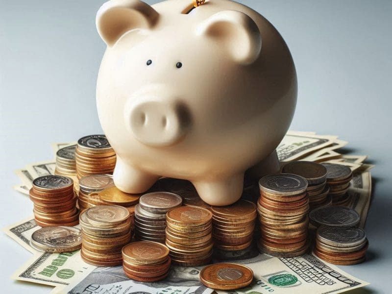 Piggy bank sitting on top of a pile of money