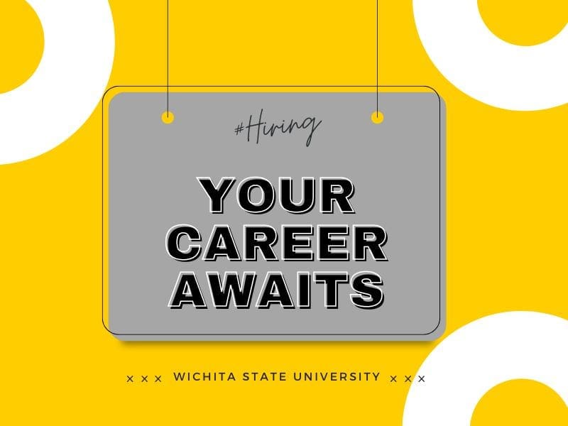 Yellow background with grey sign in the middle. Text saying "#hiring" and "your career awaits"