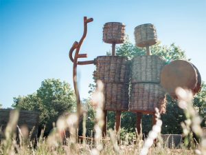 The Shockers sculpture sits on campus between McKinley Hall and Duerksen Fine Arts Center