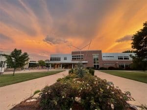 Storms clouds at sunset on campus