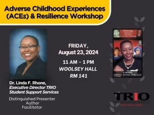 Adverse Childhood Experiences (ACEs) & Resilience Workshop. 11 am to 1 pm. Friday, August 23rd, 2024. Picture of Dr. Linda F. Rhone, Executive Director of TRIO Student Support Services. Distinguished Presenter, Author, Facilitator. Picture of Dr. Rhone's memoir book cover. TRIO Student Support Services logo in the bottom right-hand corner.