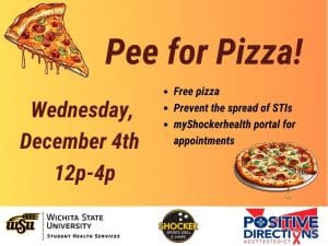 Pee for Pizza Wednesday, December 4th. Free Pizza, Prevent the spread of STIs, go to the myShockerhealth portal to schedule an appointment. Decorative pizza slice images and sponsor logs of Student Health, Positive Directions, and Shocker Sport Grill and Lanes