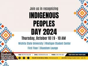 A flyer displaying American Indian patterns with text that explains the event details for indigenous Peoples Day.