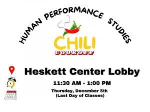 CHILI COOKOFF, Heskett Center Lobby on Thursday, December 5th from 11:30am-1:00pm.