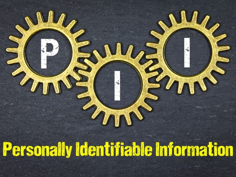 This is a picture containing three gold cog wheels with the letters P, I, I in them. The words personally identifiable information are written in yellow at the bottom of the picture.