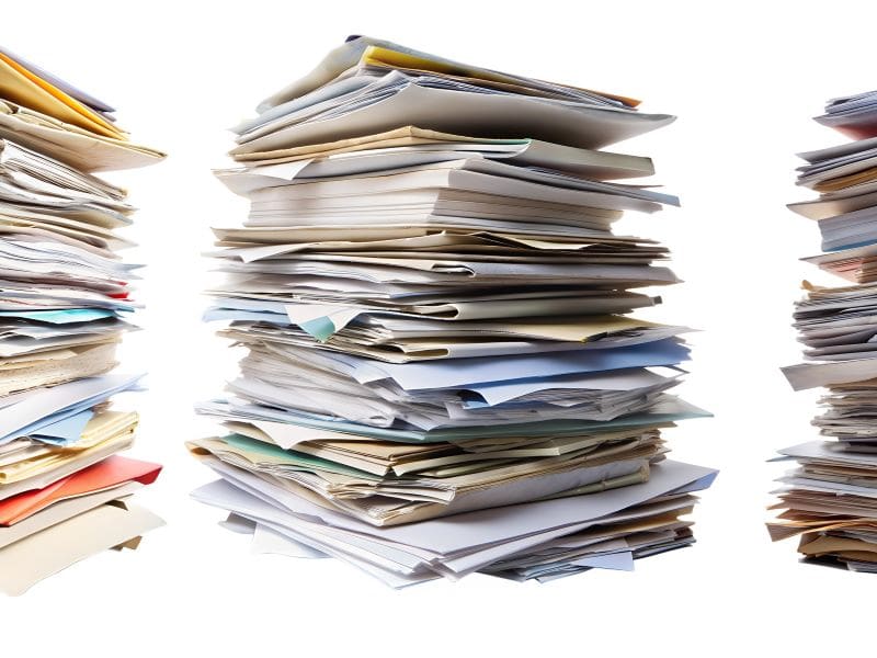 This is a tall stack of papers organized haphazardly.