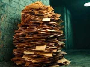 This is a large pile of gold papers stacked hapharzardly in a dark, dank basement with concrete walls and floors.