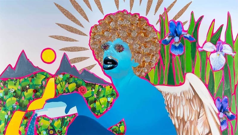 A painting is pictured: Tempérance by Devan Shimoyama, 2022, Oil, color pencil, glitter, jewelry, silk flowers, sequins, collage, Flashe, acrylic, and embellishments. A blue figure poses in front of mountains by a stream.