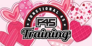 Various pink hearts with the F45 logo placed in front. Functional 45 F45 Training