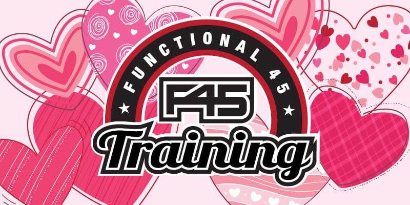 Various pink hearts with the F45 logo placed in front. Functional 45 F45 Training