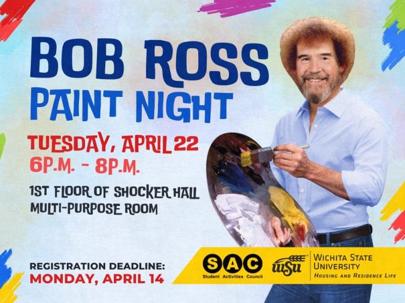 Come paint away your worries with SAC & Res Life for a Bob Ross paint night on April 22 from 6-8pm. Learn how to paint "Happy little trees" and other art techniques taught by artist Haley Ensz! Registration is required and space is limited, secure your spot at https://tr.ee/LK9wPEV5Qn 