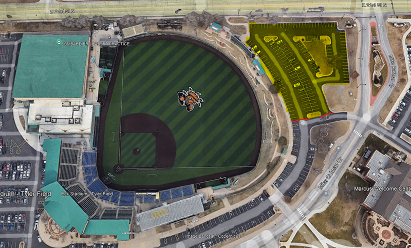 Overhead map of Eck Stadium and the surrounding area highlighting the section of the parking lot closure in the top right corner