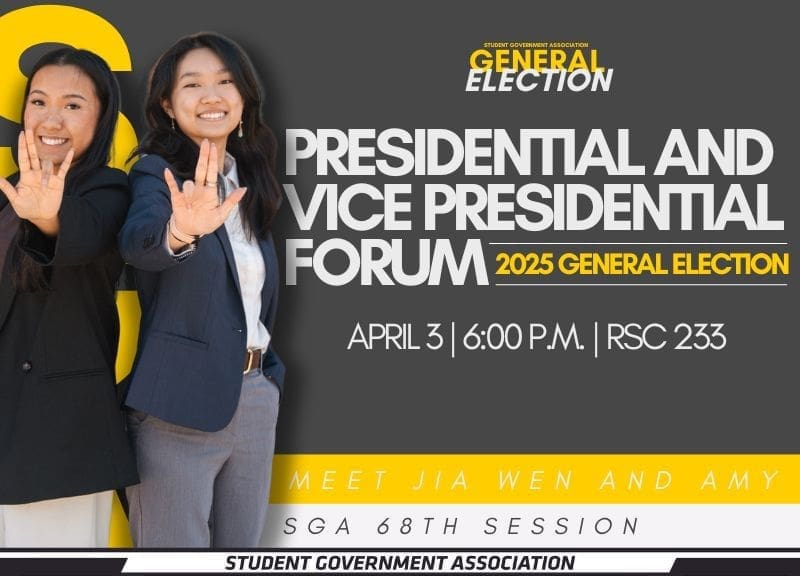 The flyer promotes the SGA 2025 Presidential and Vice Presidential Forum at Wichita State University. It features two young women, presumably Jia Wen and Amy, standing side by side, smiling, and holding up their hands with five fingers extended. They are dressed in business attire—one in a navy blazer with gray pants, the other in a black blazer with cream pants. The background is dark gray with a large yellow "S" partially visible behind them. White and yellow text provides event details, stating that the forum will take place on April 3 at 6:00 P.M. in RSC 233. The flyer invites students to meet Jia Wen and Amy, candidates for the SGA 68th Session, and learn about their vision. Contact details for the Student Government Association are listed, including a phone number (316.978.3480), email (sga@wichita.edu), and website (wichita.edu/sga), along with social media handles (@WichitaStateSGA on Twitter and Facebook).