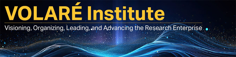 VOLARÉ Institute: Visioning, Organizing, Leading, and Advancing the Research Enterprise on a 3D background image of blue and white stars in the dark sky over digital waves of blue, rolling hills and valleys.