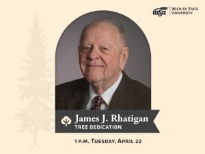 Photo of Jim Rhatigan with the text, "James J. Rhatigan Tree Dedication. 1 p.m. Tuesday, April 22"