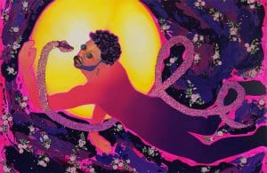 Surrealist artwork of a man floating in space with a snake under a full moon.