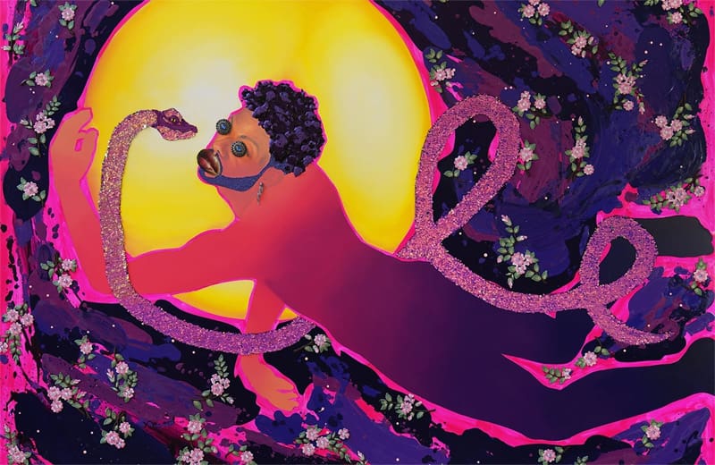Surrealist artwork of a man floating in space with a snake under a full moon.