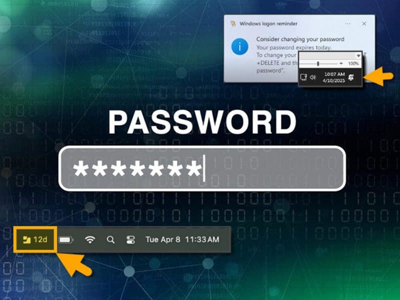 Image of Password and examples of Windows notifications and Mac notifications regarding expiring passwords.