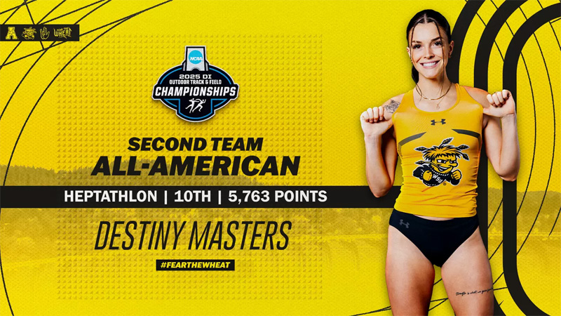 Destiny Masters in her track outfit with the text, "Second team All-American. Heptathlon/10th/5,763 points"