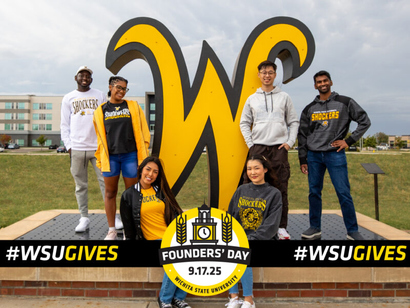 Founders' Day of Giving Logo sits in front of a group of smiling WSU students.