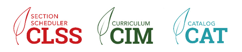 Graphic with different colored leaves and the text 'Section Schedules CLSS,' 'Curriculum CIM' and 'Catalog CAT'
