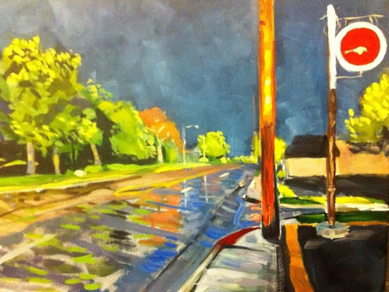 An oil painting of a street on a rainy night.