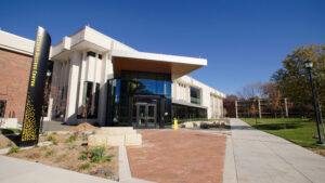 Exterior view of the entrance to Shocker Success Center, home of OneStop Student Services.