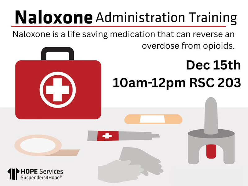 Naloxone Administration Training. Naloxone is a life saving medication that can reverse an overdose from opioids. December 15th, 10am - 12pm RSC 203. Various medical objects and a first aid kit.